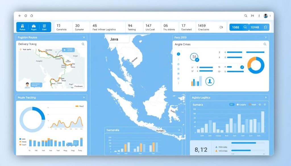 Dashboard Software Logistik dan Transportasi menampilkan peta pengiriman dan analitik