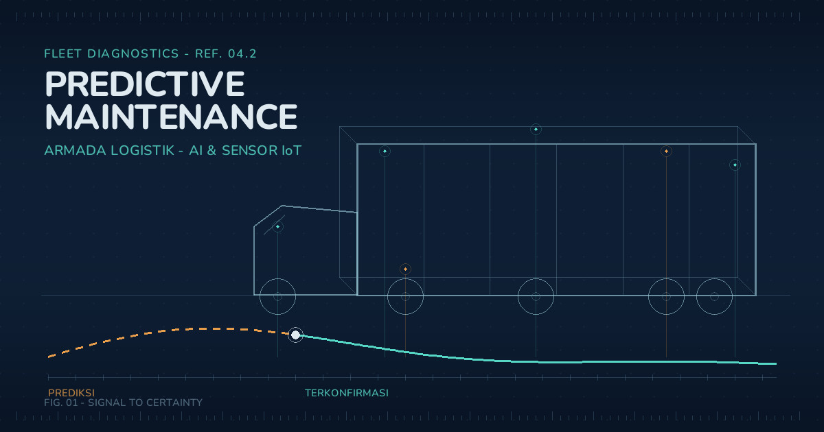 Ilustrasi diagram predictive maintenance armada logistik: truk dengan sensor IoT dan grafik AI yang memprediksi kerusakan sebelum terjadi